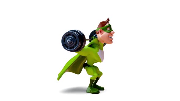 Fun 3D cartoon superhero doing squats