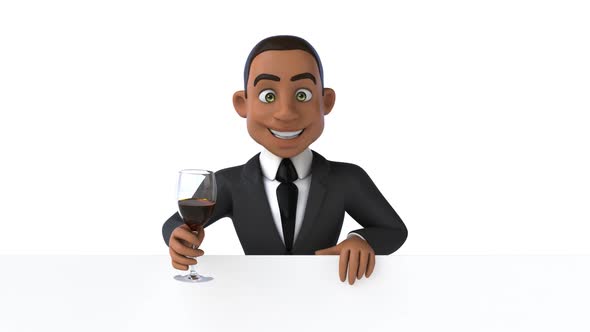 Fun 3D cartoon business man with a glass of wine