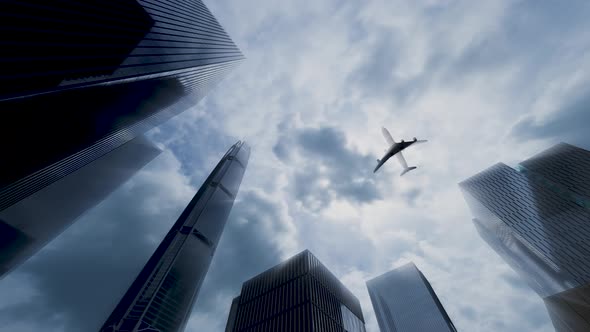 The Plane Flies Over The Buildings