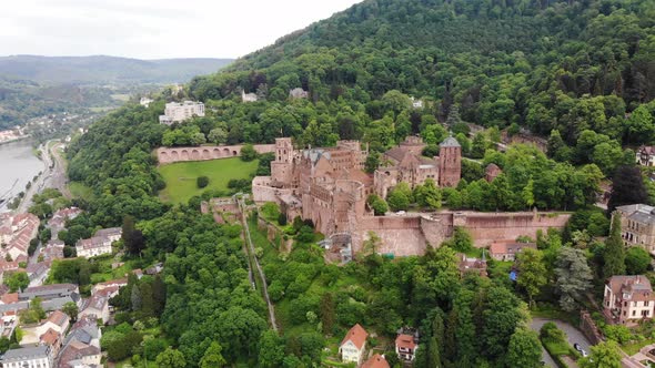 Aerial view of Heidelberg castle along the river, Germany.