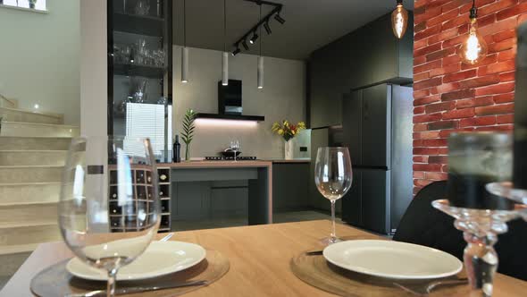 Modern Luxurious Dark Gray and Kitchen with Dining Table