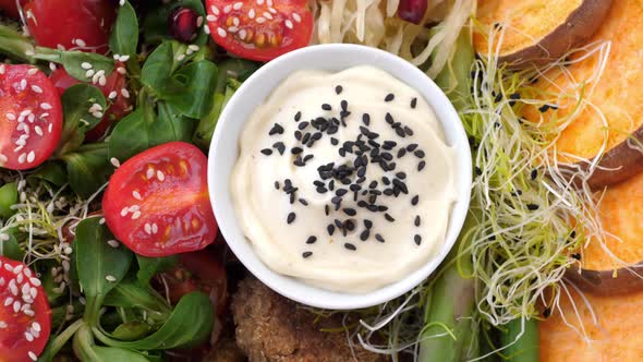 Vegan Buddha Bowl With Salad, Batata, Asparagus, Chickpeas.