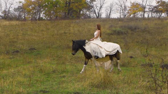 Red-haired Female in Beige Dress Is Riding Horse Along Meadow