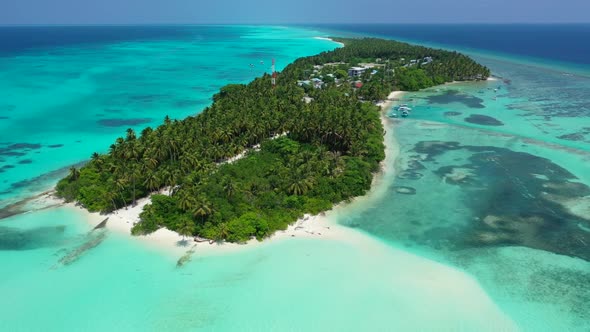 Aerial above nature of luxury bay beach break by blue sea with white sand background of a daytrip be