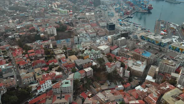 Aerial orbit of Baburizza Palace, Yugoslavian Walk and El Peral funicular in Cerro Alegre, Sea Port