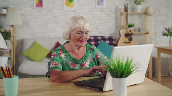 Old Woman Uses a Laptop While Sitting in the Living Room