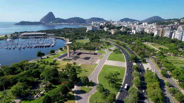 Panning wide view of downtown city of Rio de Janeiro Brazil. Tourism landmark.