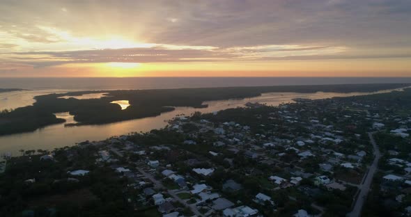 Aerial of Sun Setting Over Stuart and Jupiter Island Florida