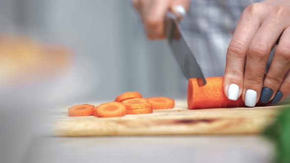 Female Housewife Hands Slicing Raw Carrot Cooking Vegan Salad