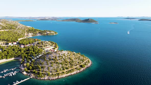 Aerial view of wild coastline near Primosten, Croatia.