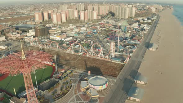 Aerial Drone Shot of Tower and Amusement Park at Coney Island During Winter