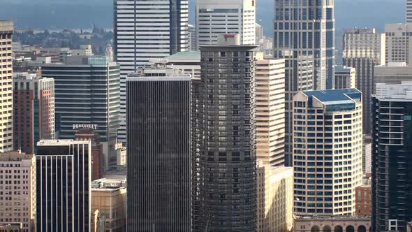 Panning zoomed view of the mid section of skyscrapers in Seattle.