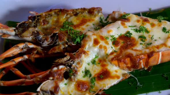 Grilled Lobster Meal with Herbs and Baked Cheese on Dinner Plate