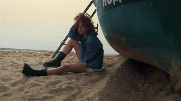 Sad Woman Sit Beach Near Old Boat Cloudy Morning