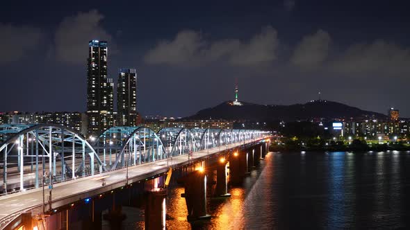 Seoul Night Han River Dongjak Bridge Traffic