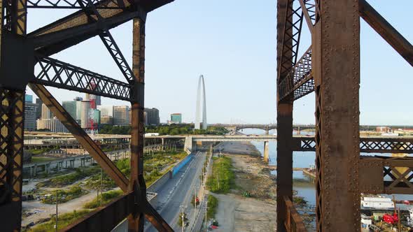 Cityscape Concept - St Louis, Missouri Downtown City. Establishing Aerial Reveal Shot Flying Through