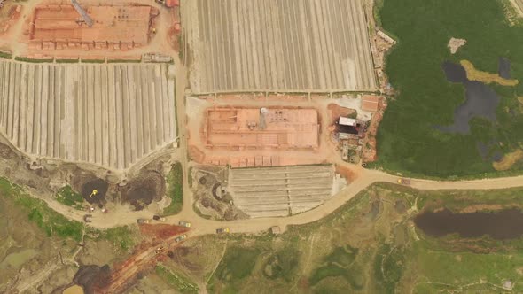 Aerial view of many brick factories, Dhaka province, Bangladesh.