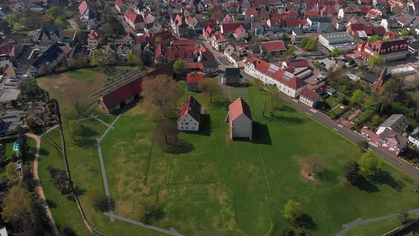 Beautiful flight over the monastery in the city of Lorsch.