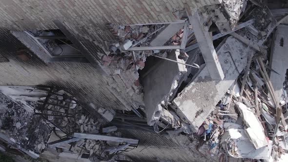 Vertical Video of a Residential Building Destroyed By the War in Ukraine