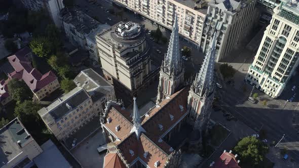 Top Drone View of Roman Catholic Church of St. Nicholas Also a National House of Organ and Chamber