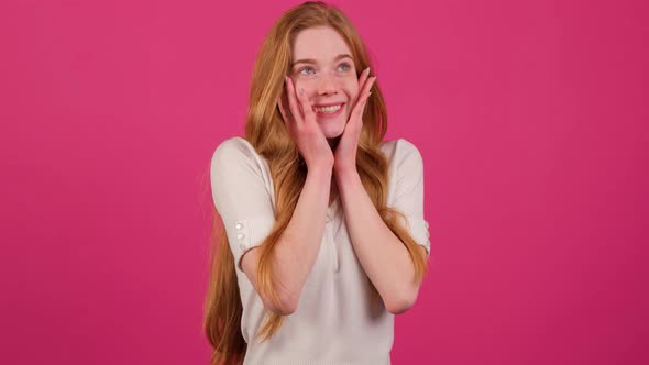 Happy Cheerful Girl with Freckles with Joyful Expression Achievement