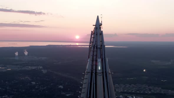 Beautiful Aerial Shot at Sunset of the Lakhta Center Skyscraper