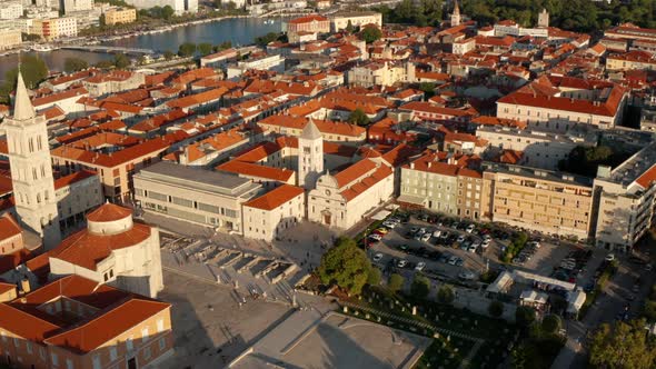 Archaeological Museum Zadar With Ruins And Cathedral At Dusk In Zadar, Croatia. - aerial