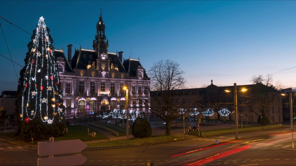 Start of Christmas Light on Limoges Town Hall at Sunset Blue Hour Timelapse