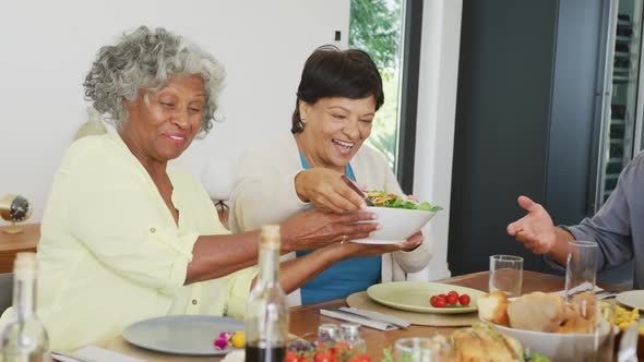 Happy senior diverse people having dinner at retirement home