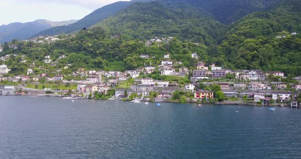 Aerial drone view of a town village on Lake Maggiore, Switzerland