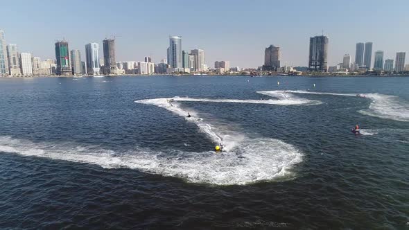 Aerial view of jet ski during the race in Khalid lake in Sharjah, U.A.E.