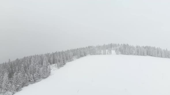 Aerial forward over snow covered landscape with forest and snow flying into the lens