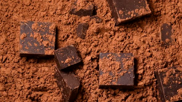 Chocolate pieces in cocoa powder rotating top view