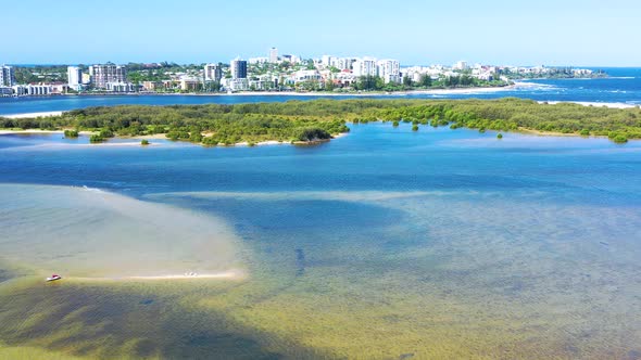 Aerial view of kitesurfing on a hydrofoil board, Queensland, Australia.