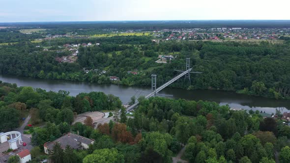 Rotation Pedestrian Suspension Bridge Across The River Teterev