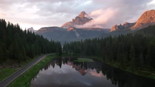 Mountain lake in the Dolomites with Tre Cime di Lavaredo reflection