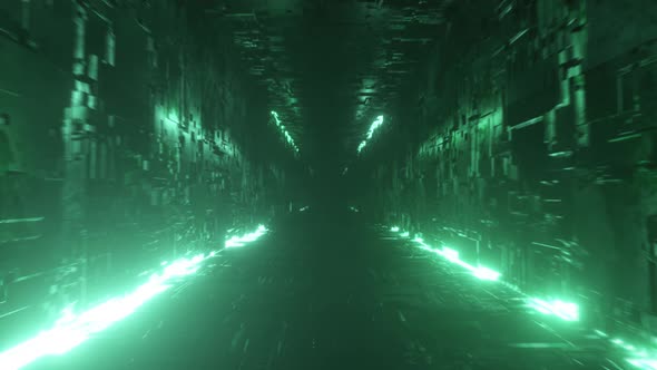 Endless Flight in a Futuristic Metal Corridor