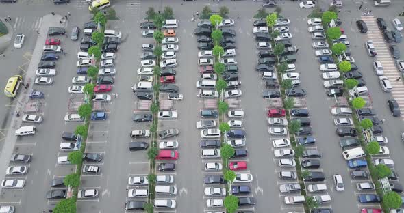 Top Aerial Crane style shot with drone over the shopping mall's Huge parking lot