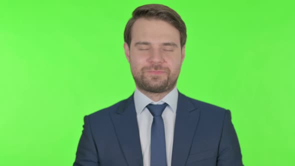 Approval by Young Businessman, Shaking Head on Green Background