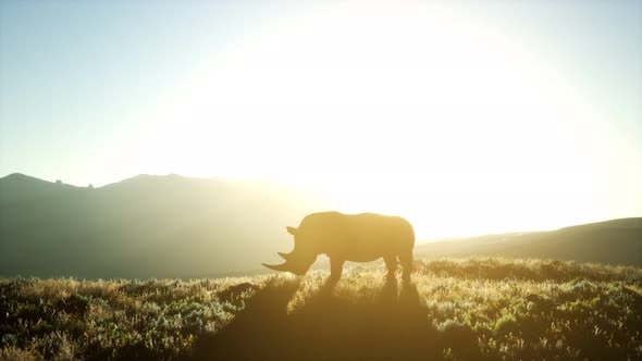 Rhino Standing in Open Area During Sunset