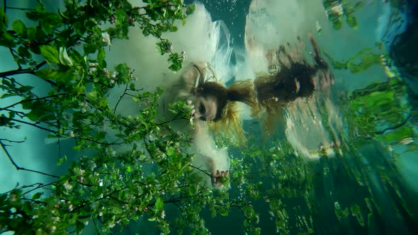 Underwater Garden and Pretty Fairy in Depth of Magical Sea Slow Motion Shot Beautiful Lady