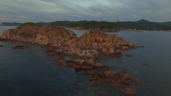 View From a Drone To a Beautiful Island in the Triozerie Bay at Sunrise