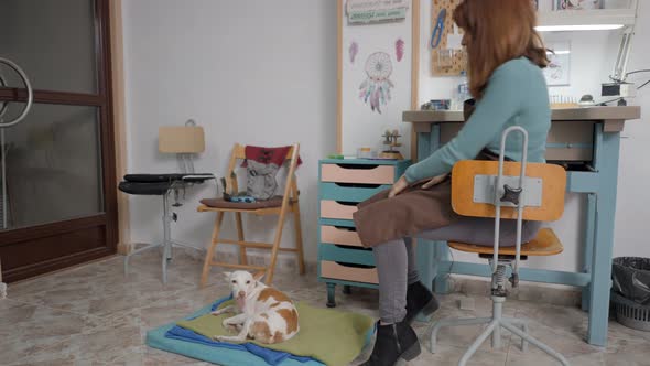 Freelancer Artisan With Her Pet Dog Inside The Workshop