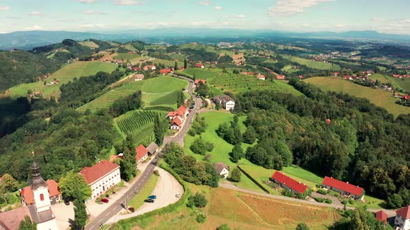 Aerial View of Austrian Vilage Kitzeck in Vineyard Region of Styria.