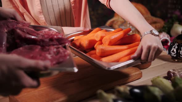 vegetables and meat on the kitchen table