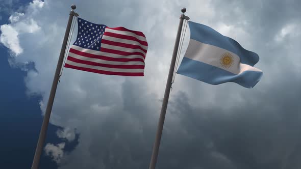 Waving Flags Of The United States And The Argentina 4K