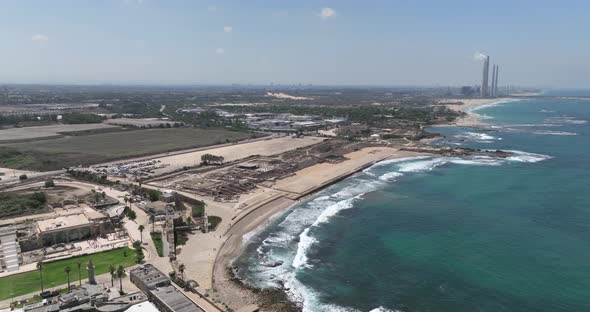 Caesarea ancient port, built by Herod the great, Aerial view.