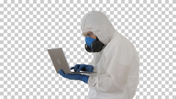 Doctor in protective suit working on laptop, Alpha Channel