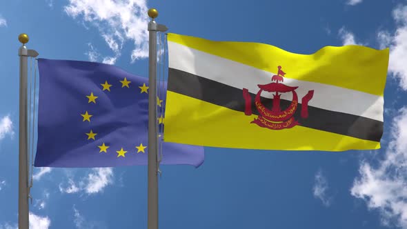 European Union Flag Vs Brunei Flag On Flagpole