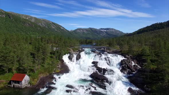 Waterfall Likholefossen in Norway, aerial view